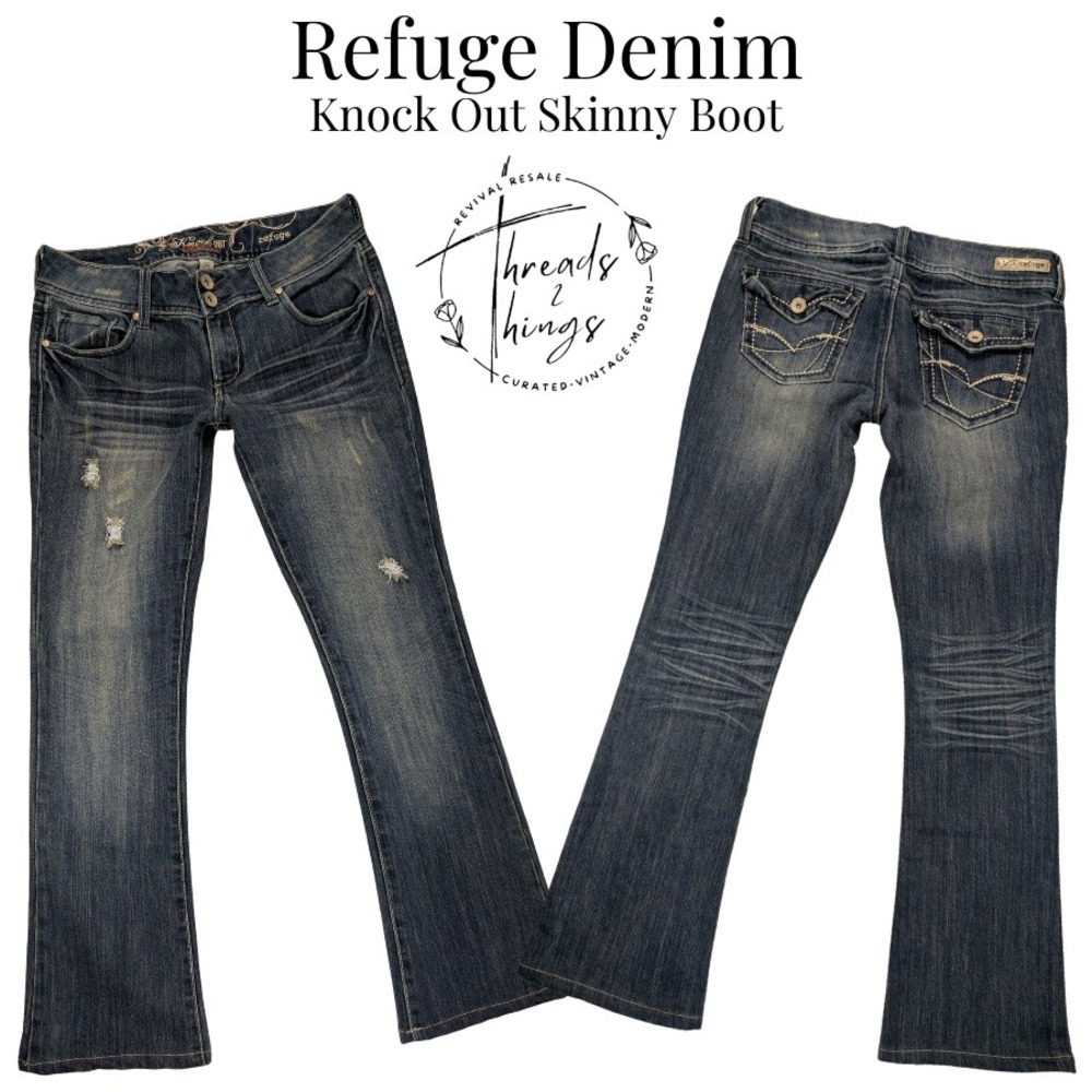 Refuge Denim Knock Out Skinny Boot Jeans Distressed Medium Wash Size 10R